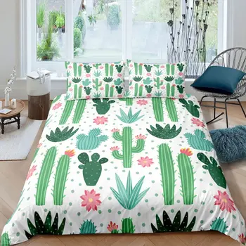 Kaktuso antklodžių užvalkalo komplektas,Geometrinio trikampio rašto patalynės komplektas 3vnt vaikų kambariui,Žalias dykumos augalas Gamta Ryškus antklodės užvalkalas