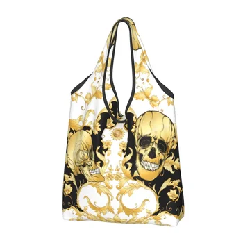 Kawaii Printed Luxury Baroque Floral With Skull Tote Shopping Bag Portable Shoulder Shopper European Rococo Art rankinė