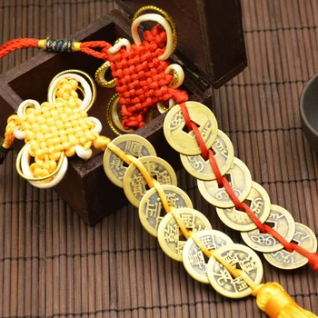 kinų rankinis mazgas Fengshui Lucky Charms Senovės I CHING varinės monetos Talismanas Apsauga nuo klestėjimo Laimės namų automobilių dekoras