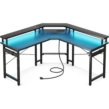 L formos žaidimų stalas su LED lemputėmis ir maitinimo lizdais, 51 colio kompiuterio stalas su viso monitoriaus stovu, juodos anglies pluoštas