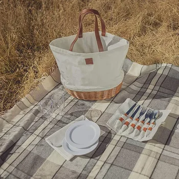 Lauko piknikas Japoniško audinio pinti laikymo krepšys Rotango iškylų krepšelis Savaitgalio vakarėlių maistas ir užkandžiai Pikniko krepšelis