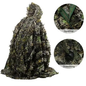 Lifelike 3D Leaves Camouflage Poncho Cloak Stealth Suits Outdoor Woodland CS Žaidimo apranga medžioklei Šaudymo paukščių stebėjimo rinkinys