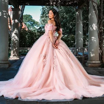 Lorencia Pink Quinceanera suknelė Ball Gown 2023 Sequins Bead 3D Flowers Applique Corset Sweet 16 Dress Vestidos De 15 Anos YQD412