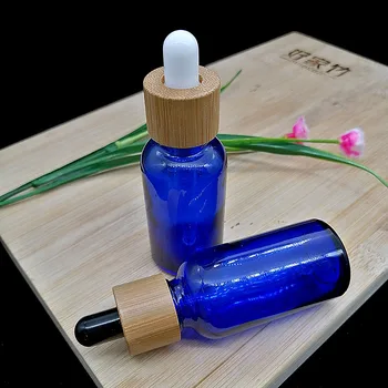 losjono buteliukas 30ml mėlyno stiklo matinio lašintuvo buteliukas su bambuko dangteliu