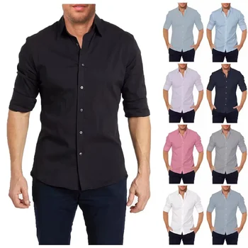 marškiniai ilgomis rankovėmis Vyriški laisvalaikio verslo marškiniai Marškinėliai Užtrauktuku Užtraukti marškinėliai Ištempti Vienspalvis mygtukas Žemyn Marškiniai Laisvalaikio kasdieniai drabužiai
