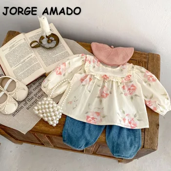 Mažylio mergaitė Pavasario rudens rinkinys Gėlių raštas Raukiniai Lopas Apvali apykaklė Lėlių Marškiniai+Džinsinės Ridikėlių kelnės Naujagimio drabužiai E93074