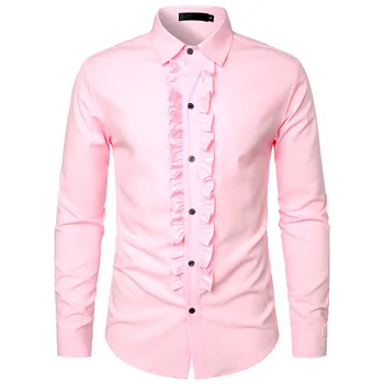 Mens Pink Ruffle Ruche Frill Dinner Tuxedo Shirts Retro 70s Party Shirt Men Long Sleeve Button Down Wedding Prom Shirt Male XXL