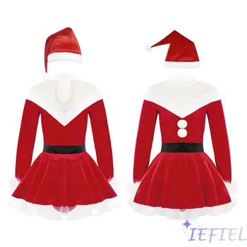 Merginos Kalėdų Naujųjų metų vakarėlio kostiumas A-line Aksominė suknelė Šokio smėlinukas su Santa Hat Xmas karnavalo suknelių rinkiniu
