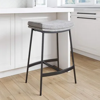 Moderni be nugaros minkšta virtuvės prekystalio kėdė su dvisluoksne balno sėdyne ir metaliniu pagrindu, pilka/ matinė juoda