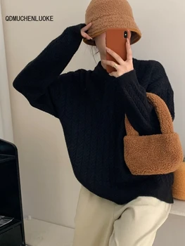 Moteriški drabužiai 2023 Naujas megztas rudens žiemos mada ilgomis rankovėmis viršutinis moteriškas megztinis laisvas O-kaklas Vienspalviai vintažiniai megztiniai