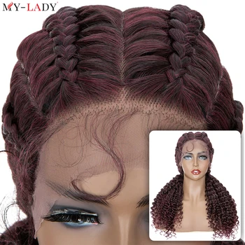 My-Lady 22inch sintetinis priekinis nėrinių perukas Cornrow pinti perukai Garbanoti galai Afro Dreadlocks mazgas Olandų pynės Moterys Kasdienis naudojimas