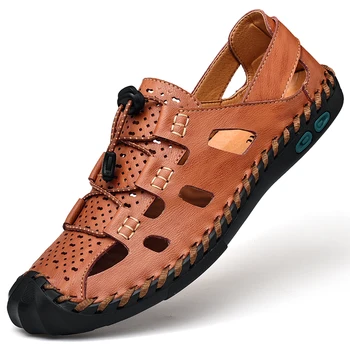 Nauja mada Vasaros paplūdimys Kvėpuojantis komfortas Vyrai Gladiatorius Sandalai Natūralios odos vyriški sandalai Vyras Priežastiniai batai plius dydis 38-48