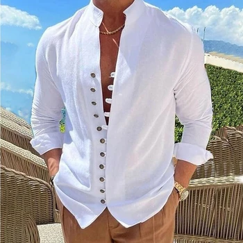 Nauji vyriški lininiai marškiniai ilgomis rankovėmis su sagomis Trend 2024 Solid Color Vintage Stand Collar Casual Cotton Shirts For Men Tops