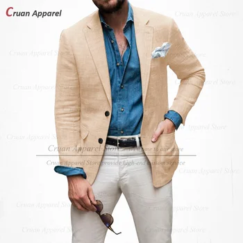 New Beige Linen Men Blazer Slim Fit Classic Summer Beach Prom vestuvinio kostiumo striukė vyrams Individualus verslo plonas paltas 1 vnt