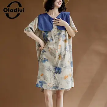 Oladivi Fashion Print Big Collar Women Casual Loose Palaidinės 2023 Summer Short Sleeve Shirts Ladies Big Top Tunics 9178