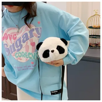 Panda Moterys Mielas animacinis filmas 3D Pliušinis skersinis krepšys Moteris Žiema Šiltas Pūkuotas Pasiuntinio krepšys Mobilusis telefonas Maišelis Ponios Kelionės Piniginės