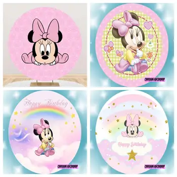 Pink Disney Minnie Mouse Flower Round Background Kids Girl 1st Birthday Decor Circle Photography Background Friend Party Deco