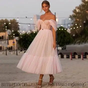 Pink Sweetheart Off The Shoulder Dot Net Prom Dress New Arrival A-Line Tea Length Evening Dress Plus Size Party Dre