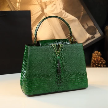 Prabangios natūralios odos moteriškos rankinės Fashion Lady Shell krepšio krokodilo raštas 2023 m Nauji pečių pasiuntinių krepšiai Žalia Juoda