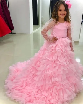 Princess Pink Flower Girl suknelė vestuvėms sluoksniuota pūsta tiulio ilgomis rankovėmis su lanku vaikams Pirmosios komunijos balinė suknelė Vakarėlio suknelė