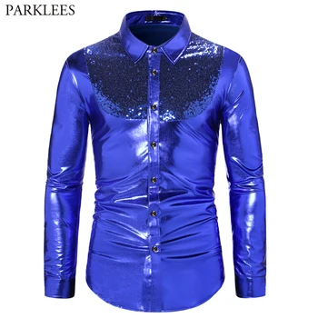 Royal Blue Metallic Sequin Patchwork Shirt Men 70's Disco Dance Prom Vyriški suknelės marškinėliai Helovino kalėdinio vakarėlio kostiuminiai marškiniai