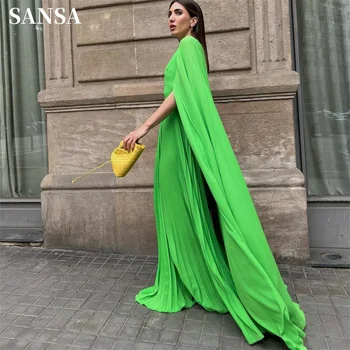 Sansa Elegant Grass Green Cape Rankovė فساتين السهرة Plisuota Chffion Prom suknelė Puošni A-line Vestidos De Noche