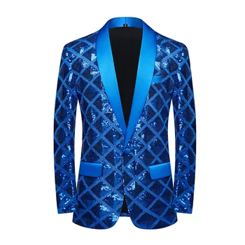 Sequin Splicing Vyriško kostiumo švarkas 2023 Nauja mėlyna vieno mygtuko mada Atlikti drabužiai Prabangūs vestuvių prom vakarėliai Vyriški švarkai