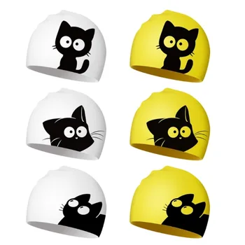 Silikagelio plaukimo kepuraitė Naujas katės spausdinimas Elastinės maudymosi kepurės Neperšlampamos ausys apsaugo nardymo skrybėlę suaugusiam vaikui