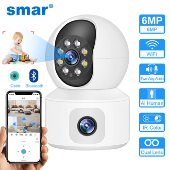 Smar 6MP WiFi kamera su dviem ekranais Dvipusis garsas Kūdikių monitorius Vidinis PTZ IP kameros CCTV stebėjimo namų saugumas ICSee