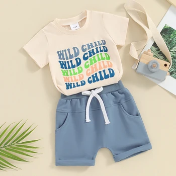 Toddler Boys Summer Outfits Letter Print Marškinėliai trumpomis rankovėmis Elastiniai laisvalaikio šortų komplektas kūdikiams