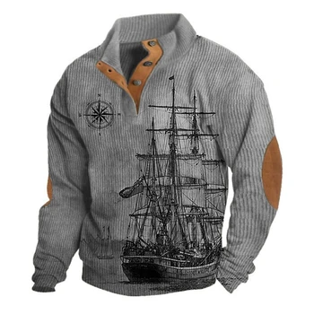 Vintažiniai rudens džemperiai vyrams Jūrų mašinos spausdinti marškiniai su gobtuvu Polo ilgomis rankovėmis Laisvalaikio vyrų drabužiai Išeinantis fitnesas Viršus