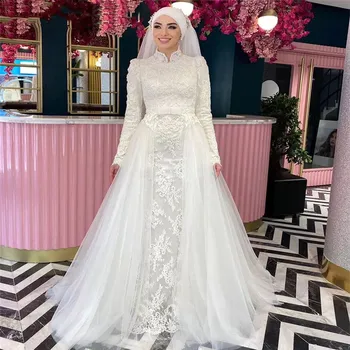 Vintažinė nėriniuota musulmoniška suknelė ilgomis rankovėmis 2023 m Moterims Suknelė aukštu kaklu Nuotakos chalatai su nuimamu traukiniu فساتين Custom
