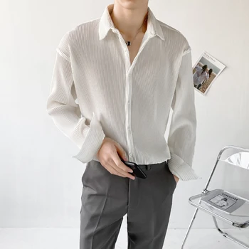 Vyrai Korėjiečių mados dryžuoti laisvalaikio marškiniai ilgomis rankovėmis 2023 m Vyriški kieti oversized marškiniai Tops Vyriškos sagos aukštyn Drabužiai Palaidinės Y81