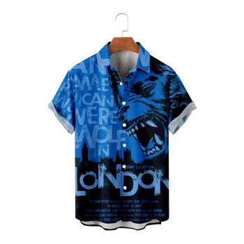 Vyriški dideli marškiniai Liūtas Karalius 3D Spausdinti Mėlyni Havajų marškiniai Summer Casual Beach trumpomis rankovėmis