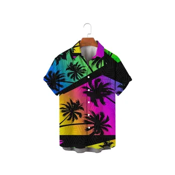 Vyriški marškiniai Mada Holografiniai kokoso medžio marginti marškiniai Vasariniai trumpomis rankovėmis Atlapo sagos palaidinė Havajų stilingi paplūdimio drabužiai Viršūnės