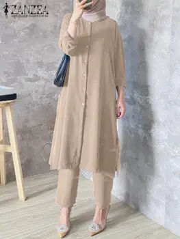 ZANZEA Fashion Two Piece Sets Womens Outifits Autumn Long Sleeve Shirt Pants Komplekts Solid Kelnės Tinka musulmonų islamo drabužiams