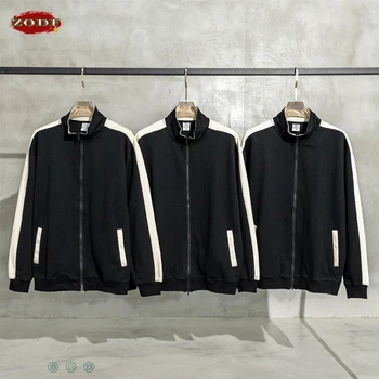ZODF Vintage Autumn Men 420gsm Zipper Jackets Retro Unisex Loose Turn Down Collar Sport Patchwork Coat Outwears HY0751